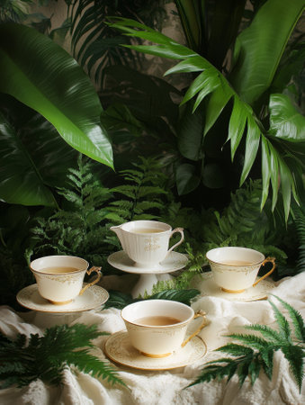 Elegant tea setup with white cups and green foliage - aiの素材