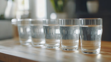 glasses of clear water on a wooden kitchen table. Daily water consumption rate,  - aiの素材