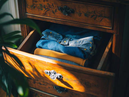 open dresser drawer with neatly folded clothes inside home - aiの素材