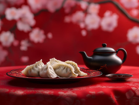 Traditional Chinese dumplings served with soy sauce and teapot on red tablecloth  - aiの素材