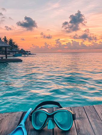 Snorkeling gear including a mask, snorkel, and fins on a wooden dock at sunset.  - aiの素材