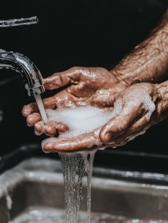 Washing hands with soap under the faucet with water. Hygiene concept, - aiの素材