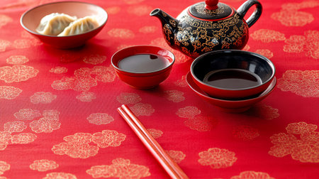 Traditional Chinese dumplings served with soy sauce and teapot on red tablecloth  - aiの素材