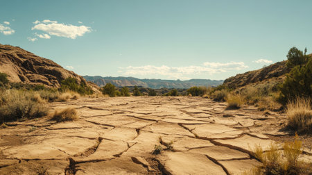 Vast Cracked Desert Landscape Under Clear Blue Sky in Daylight  - aiの素材