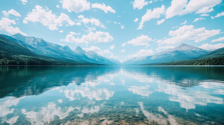 Serene mountain lake reflecting a tranquil blue sky  - aiの素材