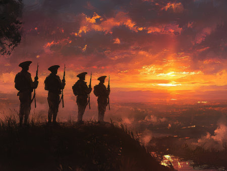 Silhouetted soldiers stand in salute as the sun rises over a vast landscape - aiの素材
