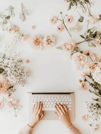 hands are typing on a laptop with a white blank screen - aiの素材