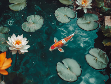 koi fish swimming in a serene pond with lily pad - aiの素材