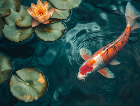 koi fish swimming in a serene pond with lily pad - aiの素材