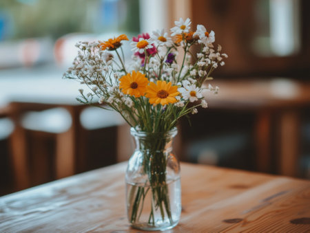 bouquet of colorful flowers in glass vase on wooden table - aiの素材