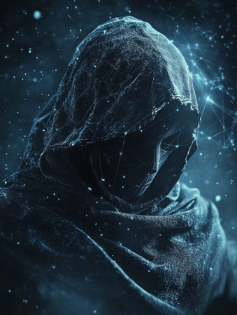 hooded dark hat hacker figure in dark clothing with shadowed face hacking concept against digital matrix background cybercrime anonymity data breaches - aiの素材