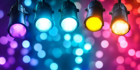 Five spotlights illuminate colorful backdrop of blurred lights  - aiの素材