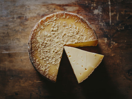 round block of cheddar cheese with wedge cut out exposing crumbly texture placed on wooden surface  - aiの素材