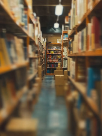blurred view of warehouse aisle with shelves full of boxes  - aiの素材