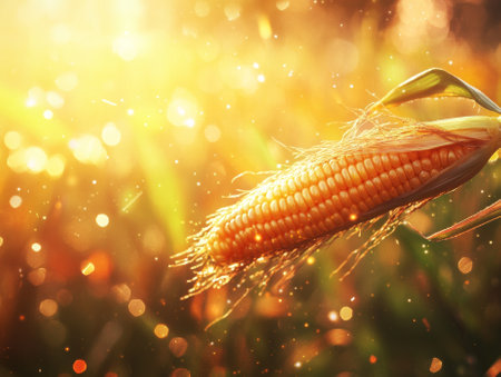 fresh ripe corn cobs in field sunlight harvest agriculture bokeh background  - aiの素材