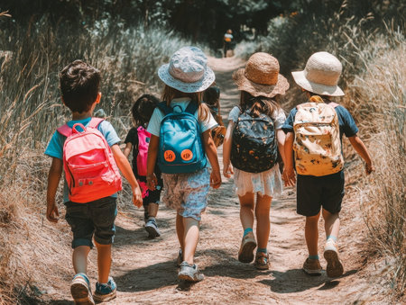 Group of young children walking together in friendship, embodying the back-to-school concept on their first day of school - aiの素材
