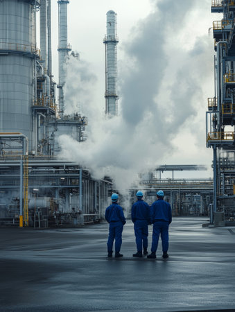 three men in blue work uniforms standing in front of a large factory, chemical plant, industrial plant  - aiの素材