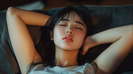 Stressed asian woman suffering neck ache on uncomfortable couch  - aiの素材