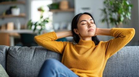Stressed asian woman suffering neck ache on uncomfortable couch  - aiの素材