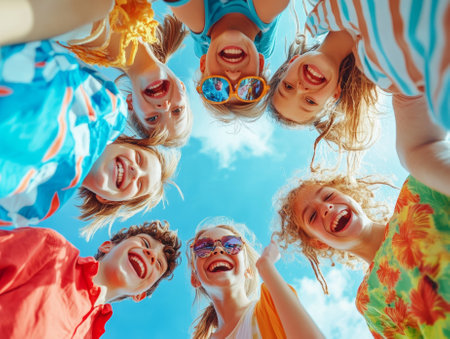 Happy childhood. Faces of funny joyful preteen friends who stand in circle and look down at camera. Bottom view of cute boys and girls in colorful summer casual clothes hugging and laughing outdoors  - aiの素材