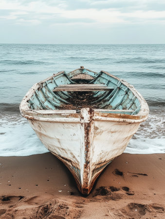 An old fisherman wrecked boat abandoned stand on beach. - aiの素材