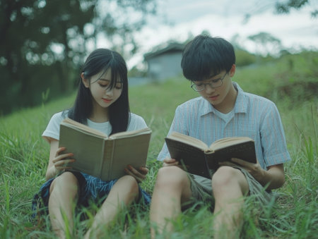 asian Classmates sitting in grass and reading books  - aiの素材