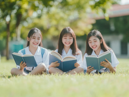 asian Classmates sitting in grass and reading books  - aiの素材