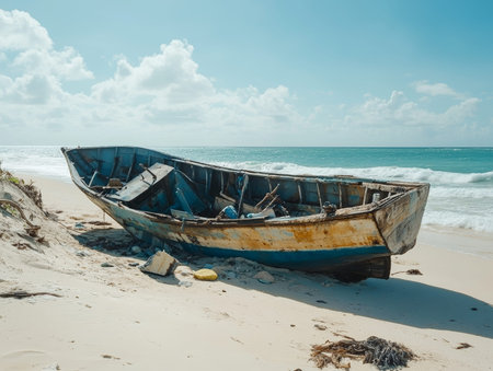 An old fisherman wrecked boat abandoned stand on beach. - aiの素材