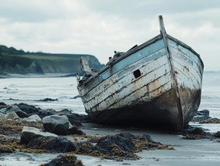 An old fisherman wrecked boat abandoned stand on beach. - aiの素材