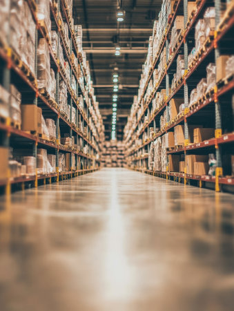 Blurred Background Image of goods Shelf in Warehouse or Storehouse. - aiの素材