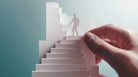 Businessman supporting paper cut out of a man climbing stairs  - aiの素材