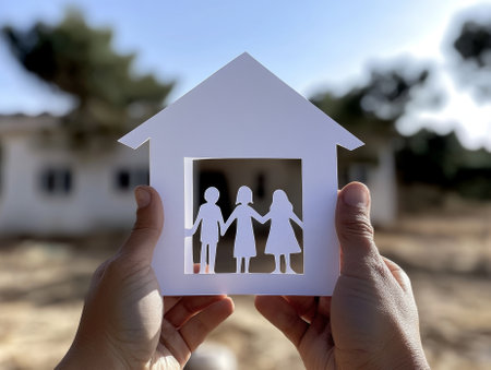 hands holding paper family cutout, family home, foster care, homeless support, world mental health day, Autism support,homeschooling education, hyperinflation concept - aiの素材