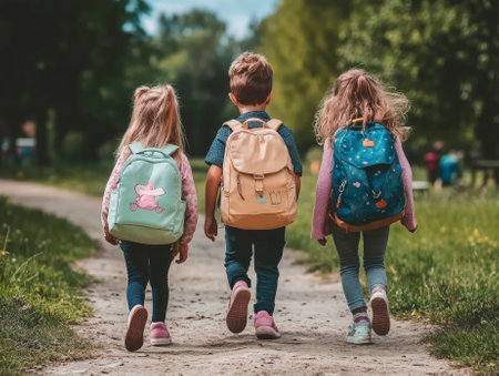 school friends a boy and two girls with school backpacks on their backs walk after class  - aiの素材