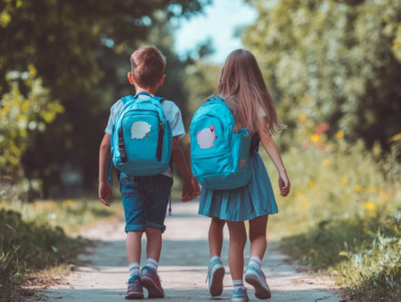 school friends a boy and two girls with school backpacks on their backs walk after class  - aiの素材