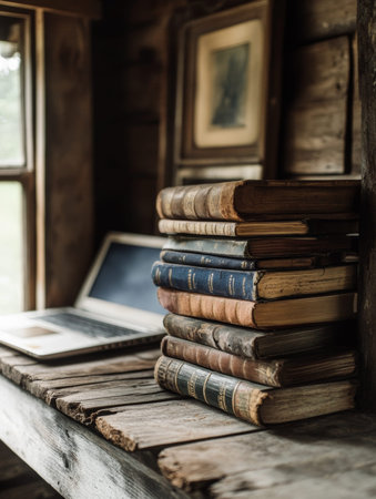 Stack of books with laptop on wooden table  - aiの素材
