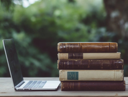 Stack of books with laptop on wooden table  - aiの素材