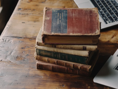 Stack of books with laptop on wooden table  - aiの素材