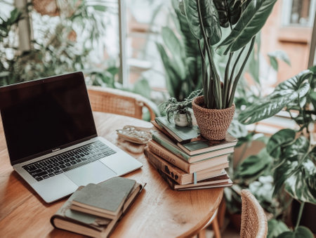 Stack of books with laptop on wooden table  - aiの素材
