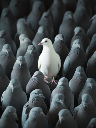 Standing out from the crowd , white bird standing between many gray birds - aiの素材
