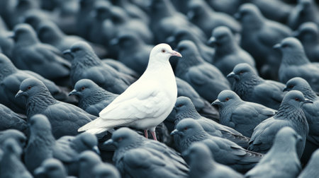 Standing out from the crowd , white bird standing between many gray birds - aiの素材
