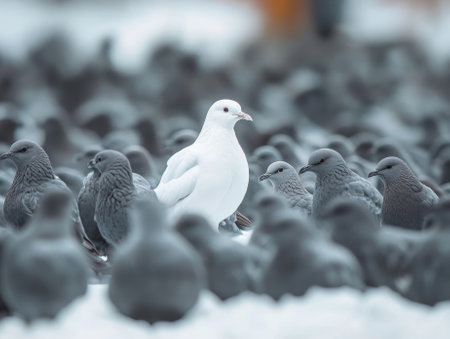Standing out from the crowd , white bird standing between many gray birds - aiの素材