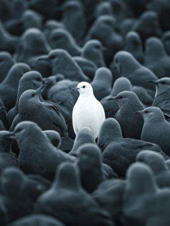 Standing out from the crowd , white bird standing between many gray birds - aiの素材
