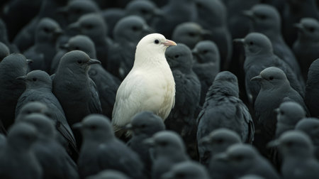 Standing out from the crowd , white bird standing between many gray birds - aiの素材