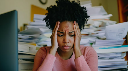 Very stressed business woman sitting in front of her computer looking at a large pile of paperwork, while holding a hand at her forehead  - aiの素材