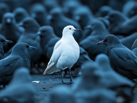 Standing out from the crowd , white bird standing between many gray birds - aiの素材