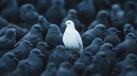 Standing out from the crowd , white bird standing between many gray birds - aiの素材