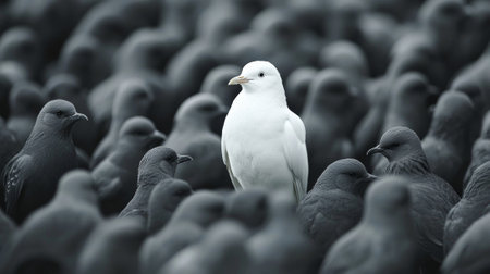 Standing out from the crowd , white bird standing between many gray birds - aiの素材