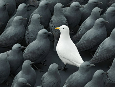 Standing out from the crowd , white bird standing between many gray birds - aiの素材