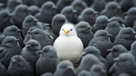 Standing out from the crowd , white bird standing between many gray birds - aiの素材