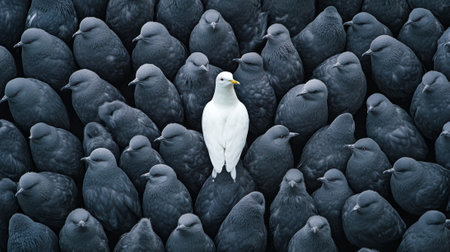 Standing out from the crowd , white bird standing between many gray birds - aiの素材